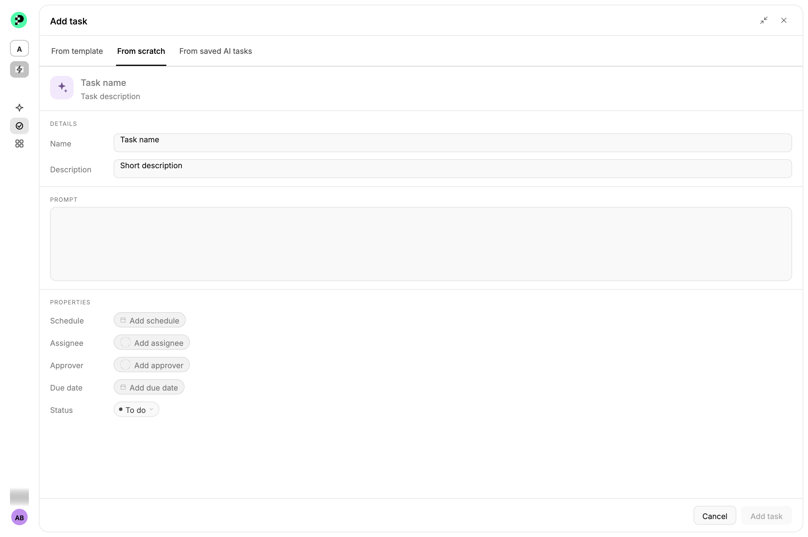 The 'Add task' form, showing name, description, prompt, assignee, approver, due date, and schedule fields
