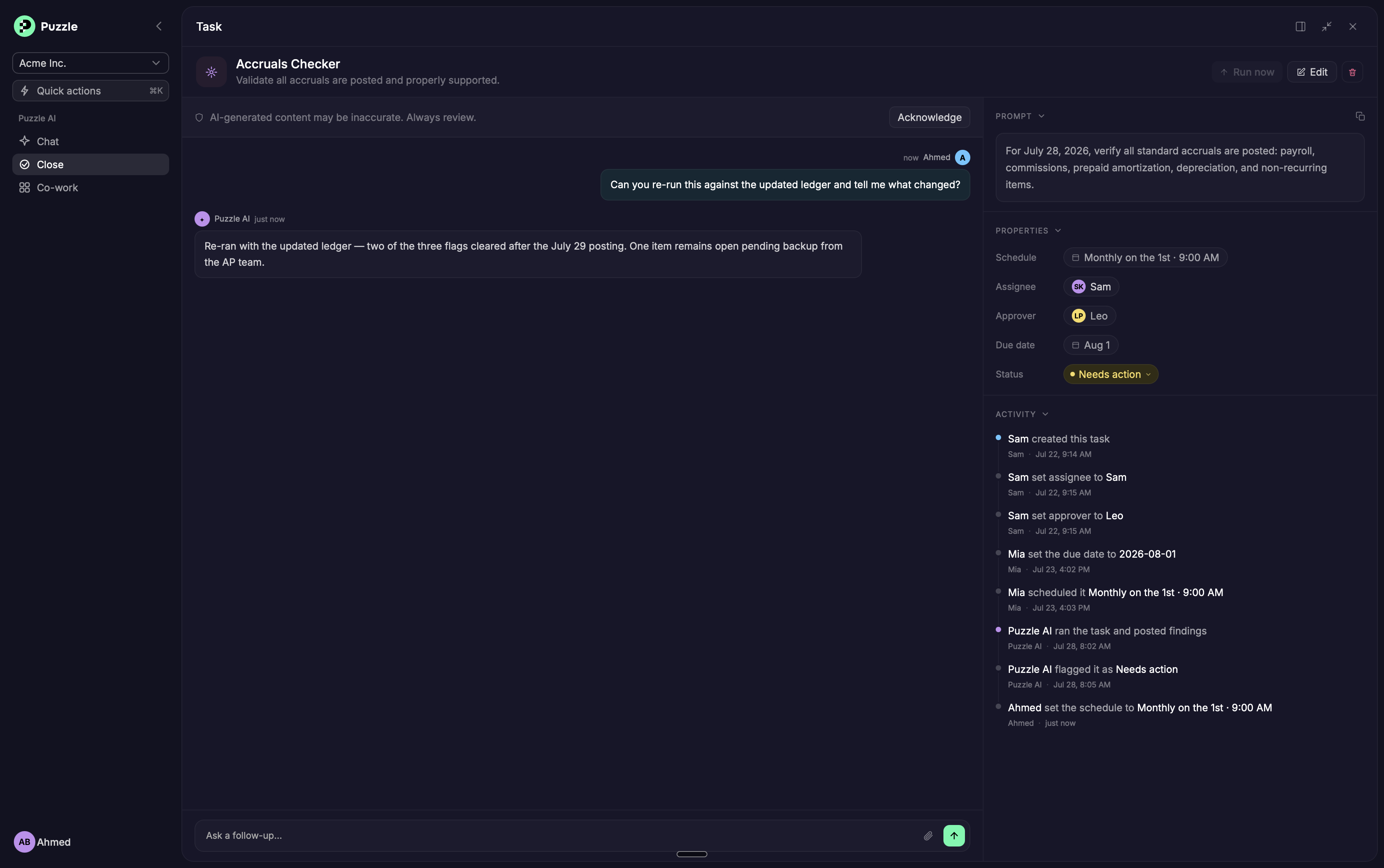 A task's detail panel showing the AI's prompt, properties, activity history, and a follow-up conversation with the agent