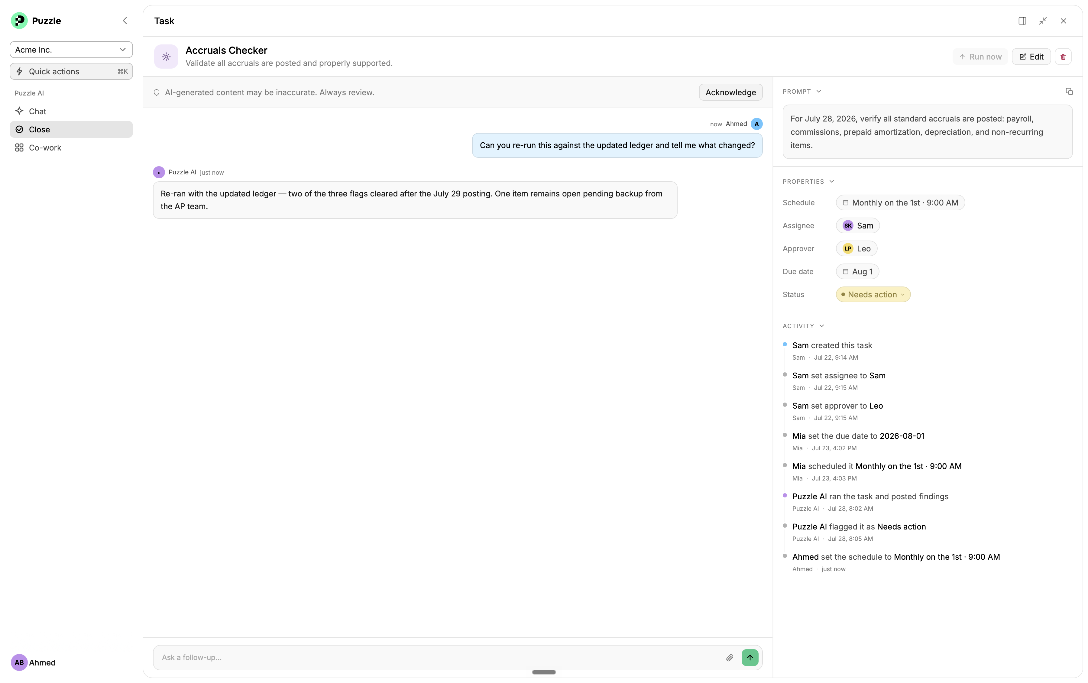A task's detail panel showing the AI's prompt, properties, activity history, and a follow-up conversation with the agent