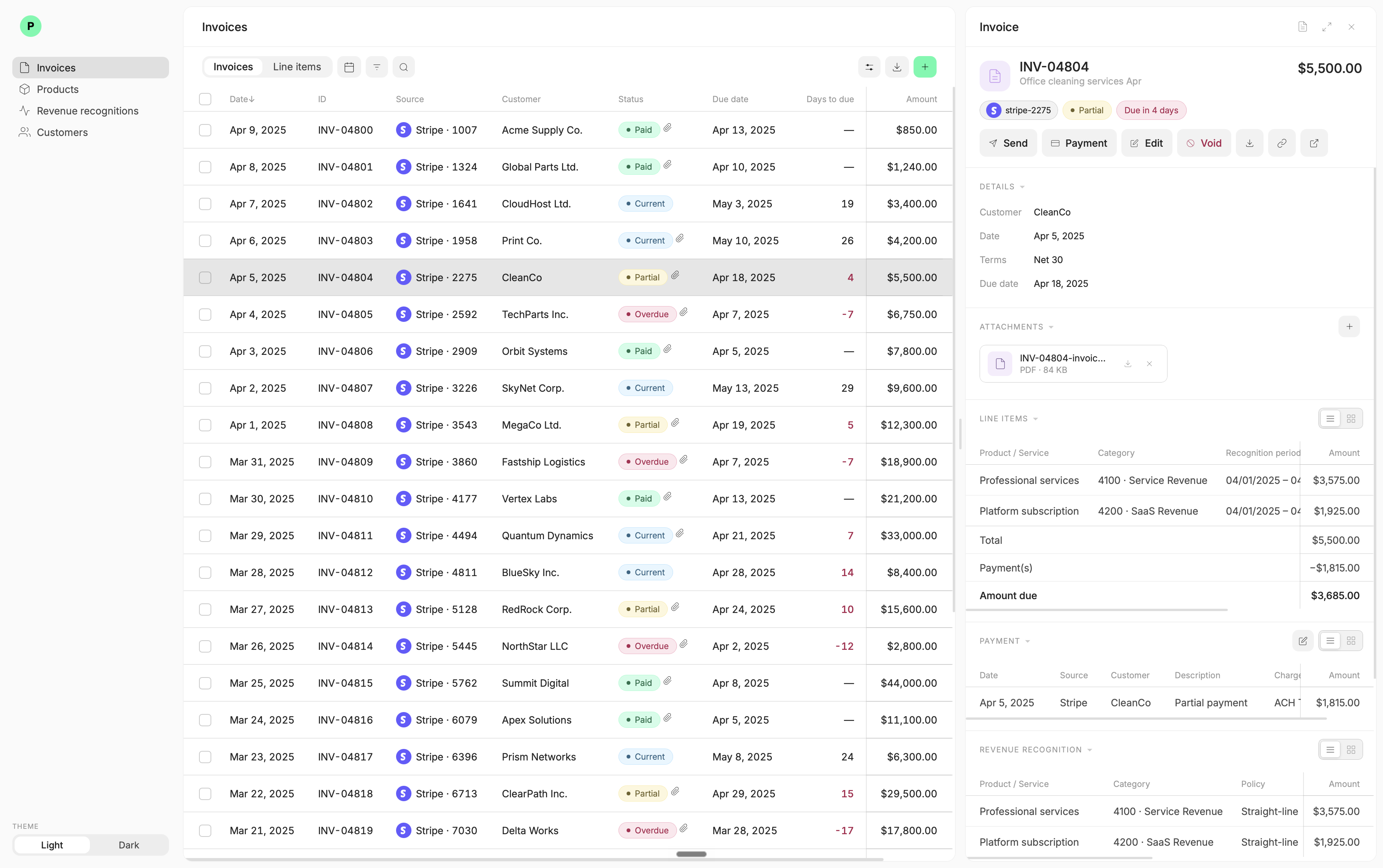 An invoice list next to an invoice document, whose header shows its type, identity, status pills, and actions