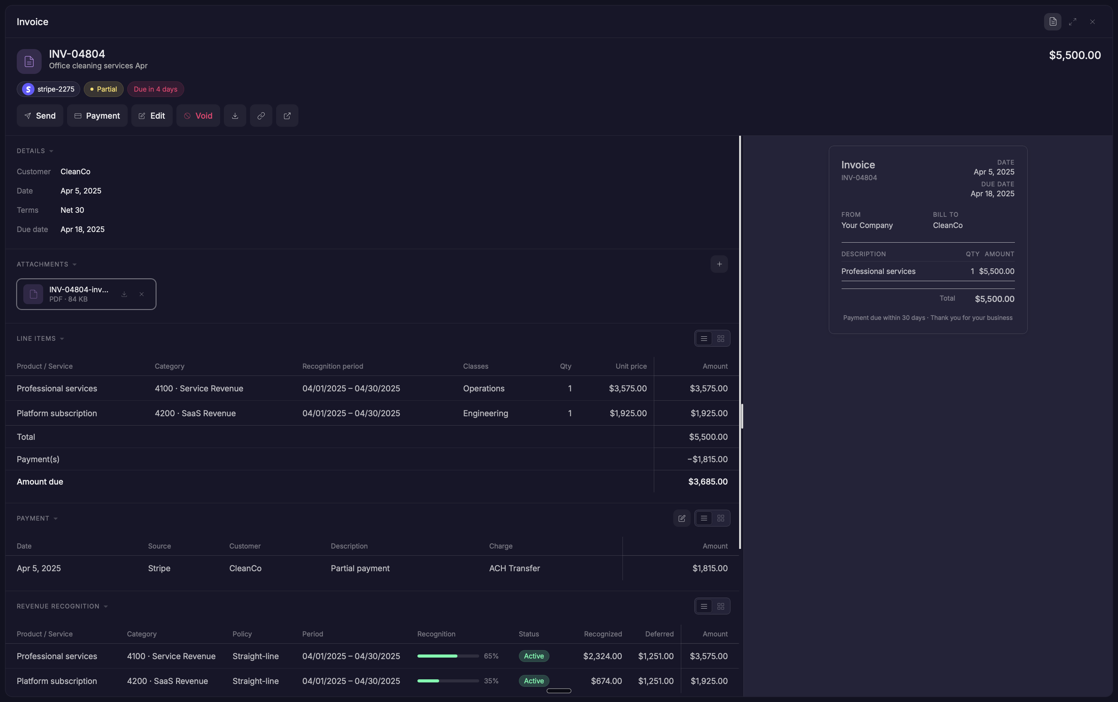 An invoice document expanded to full screen, showing its Details, Attachments, Line items, Payment, and Revenue recognition sections