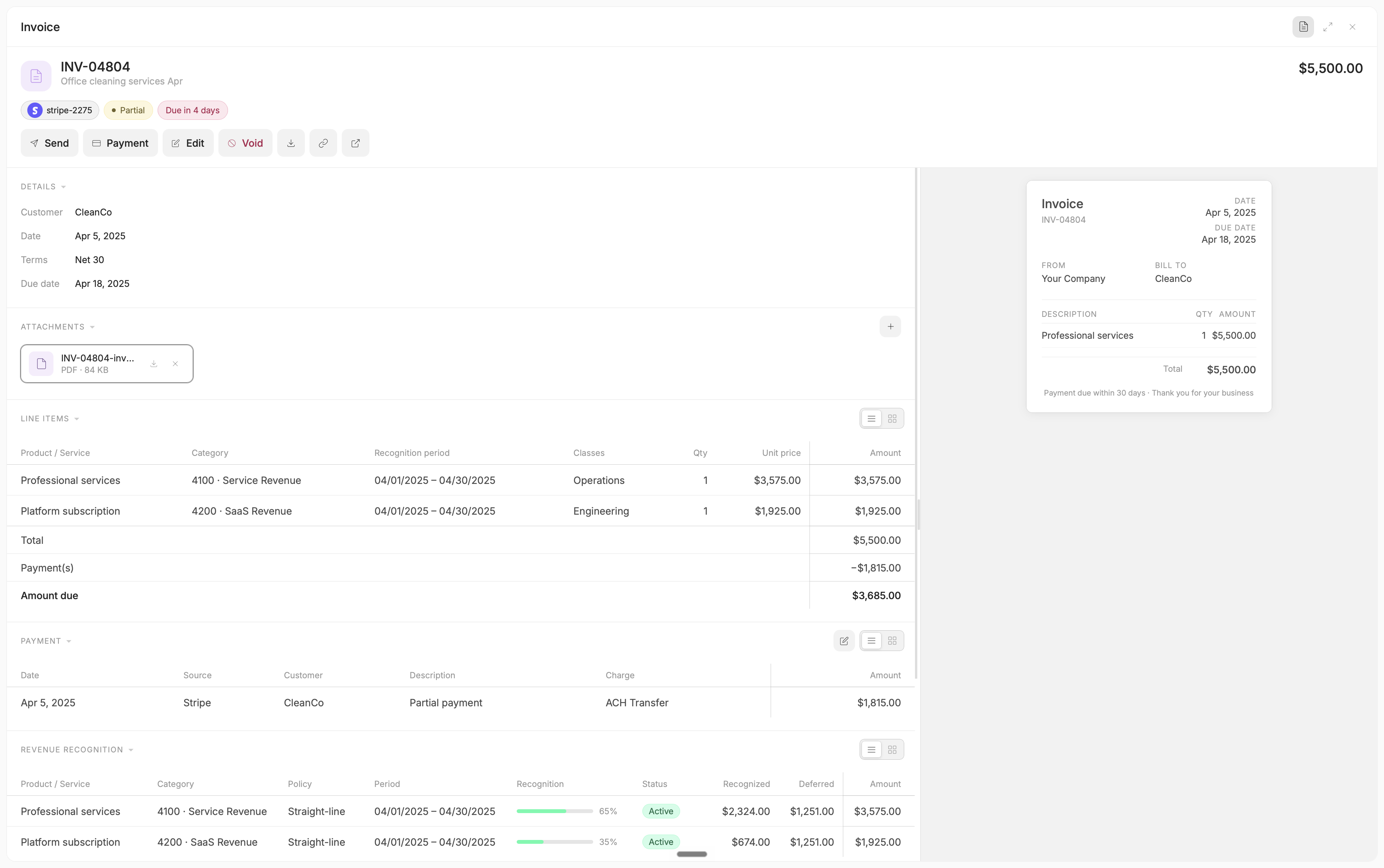An invoice document expanded to full screen, showing its Details, Attachments, Line items, Payment, and Revenue recognition sections