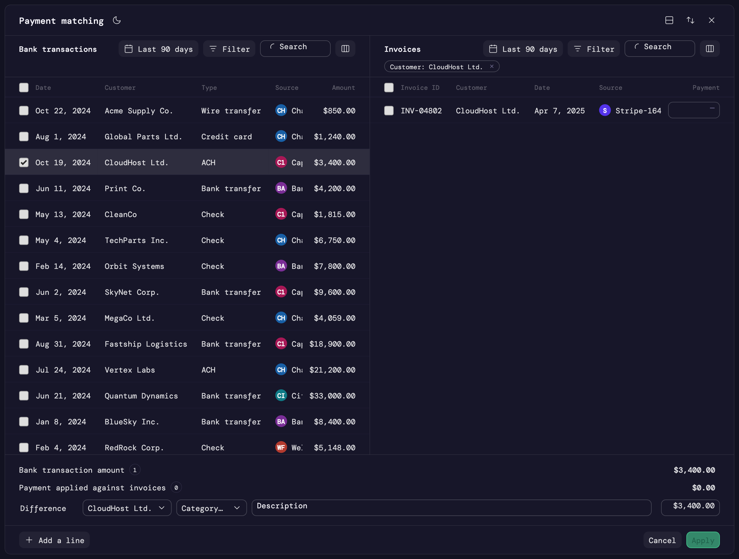 The invoice list filtered down to a single customer's invoice, matching the selected bank transaction