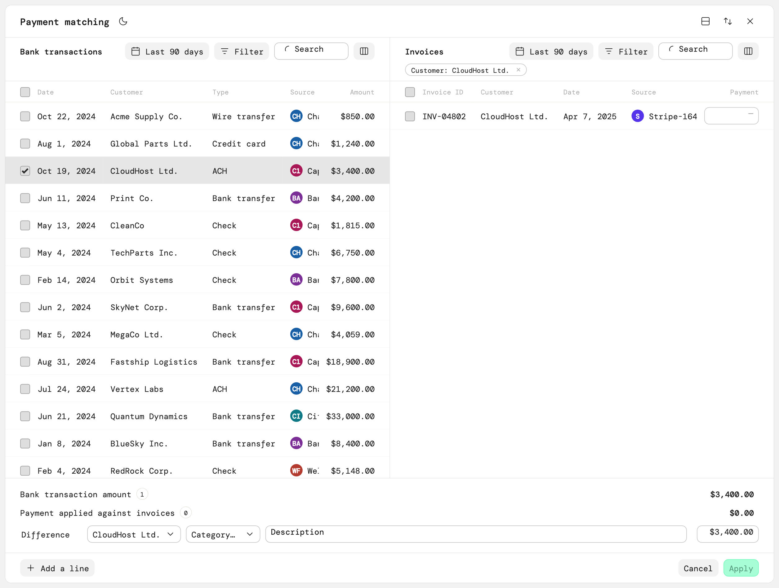 The invoice list filtered down to a single customer's invoice, matching the selected bank transaction