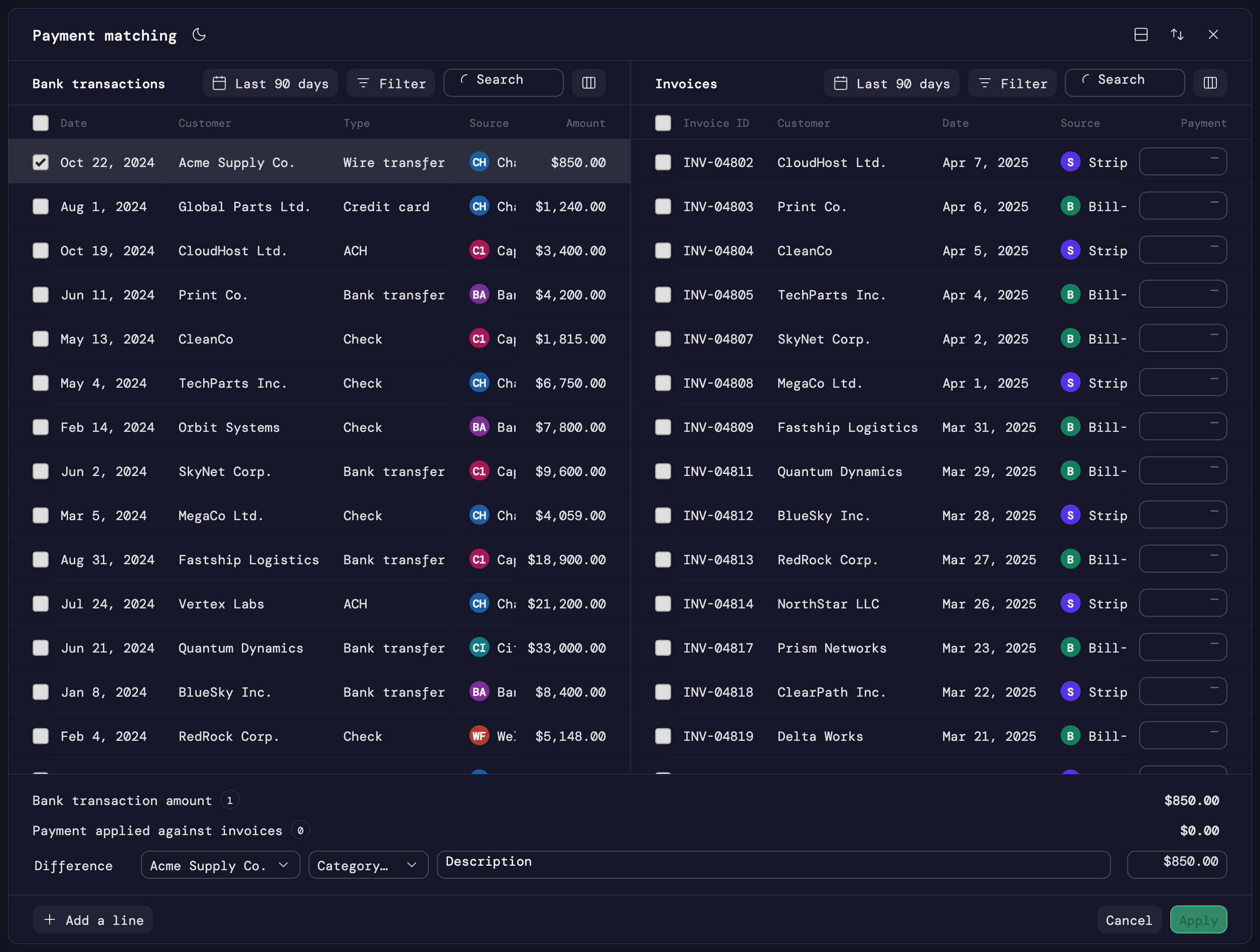 The payment matching workspace with a bank transaction selected on the left and invoices listed on the right, not yet matched