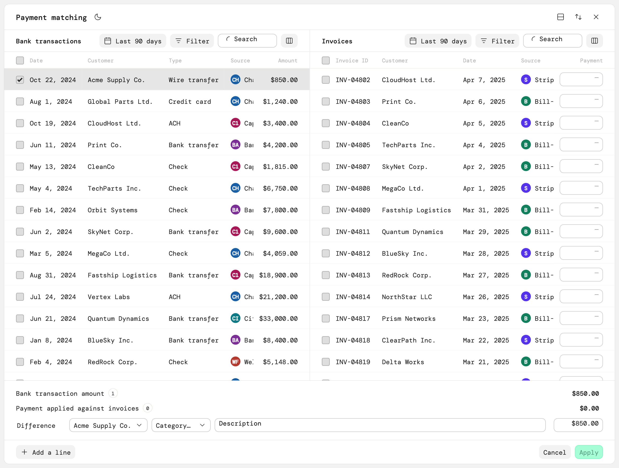 The payment matching workspace with a bank transaction selected on the left and invoices listed on the right, not yet matched
