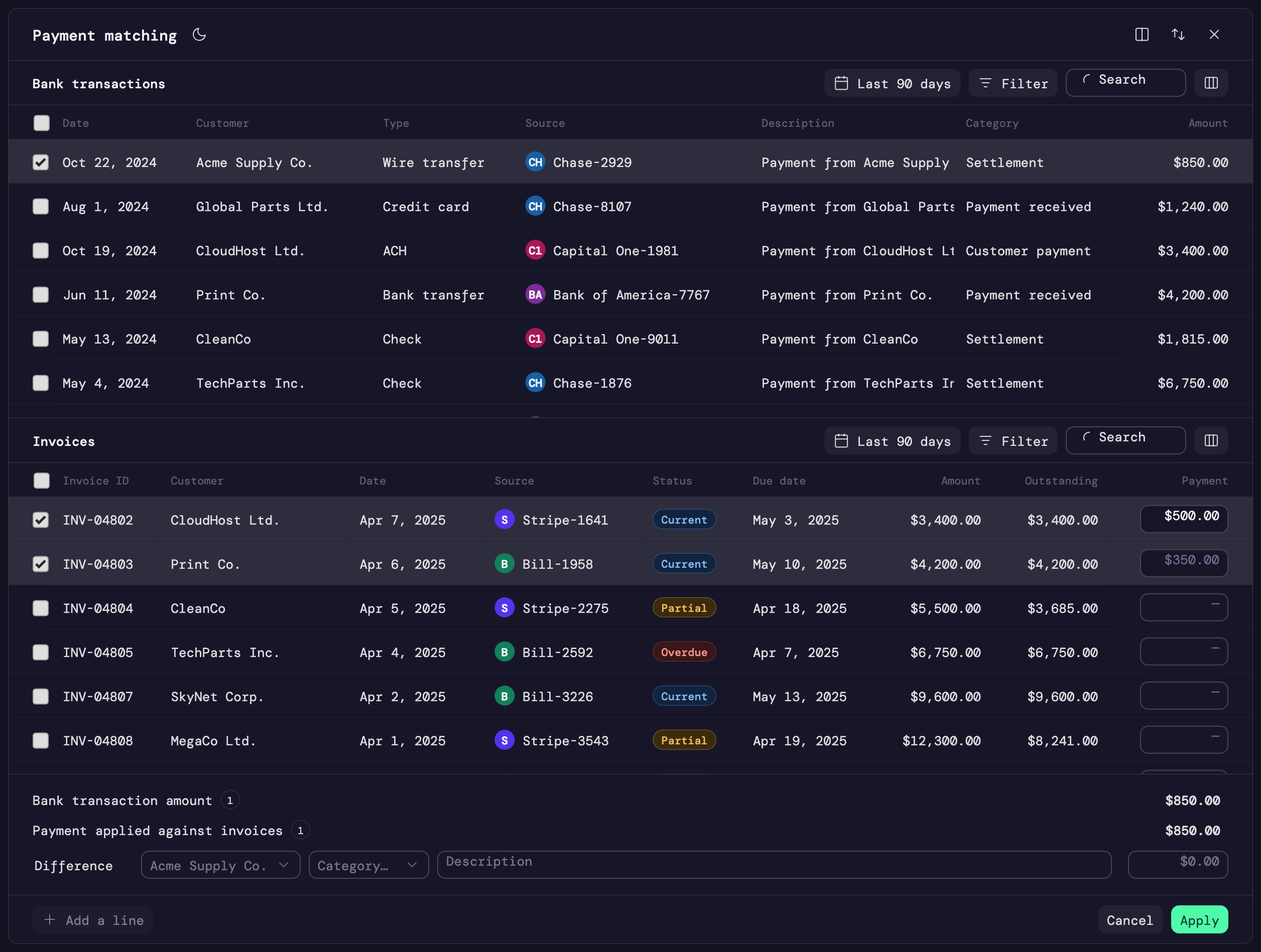 The same workspace switched to a vertical layout, bank transactions stacked above invoices instead of side by side