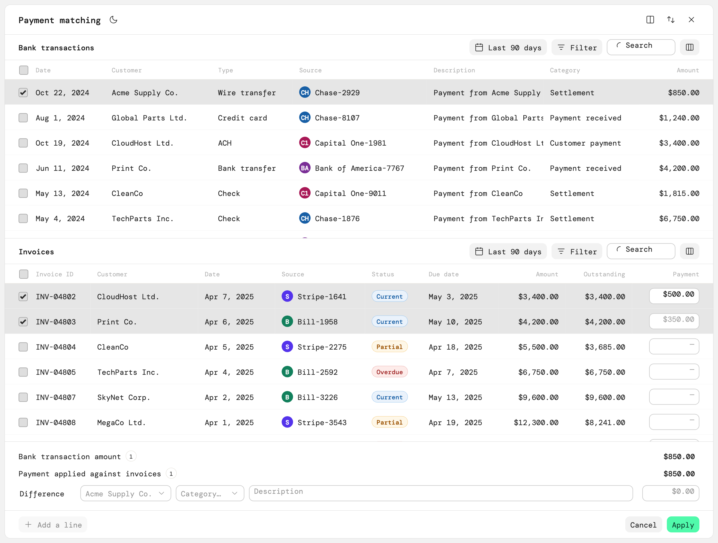 The same workspace switched to a vertical layout, bank transactions stacked above invoices instead of side by side